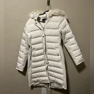 Express White Puffer Coat with Faux Fur Hood